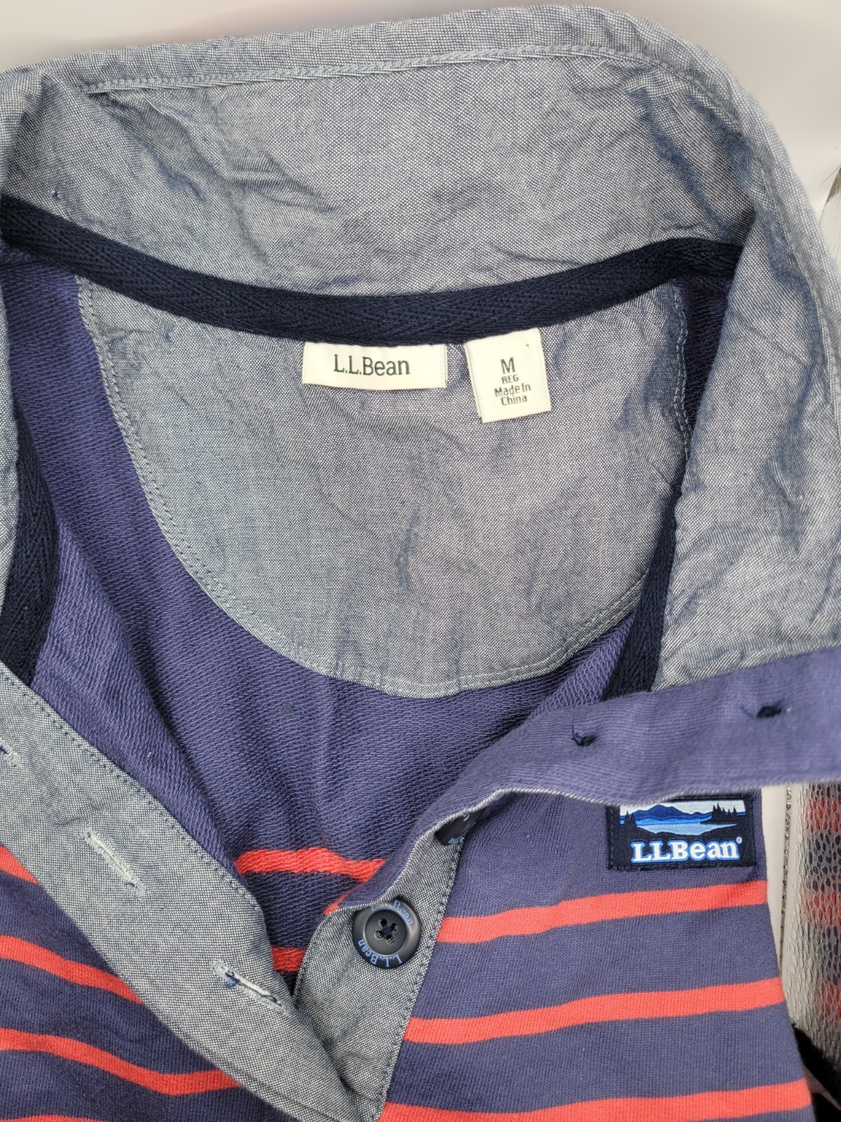 L.L.Bean womens M Regular Henley Long Sleeve Striped T-Shirt Blue Red Gray