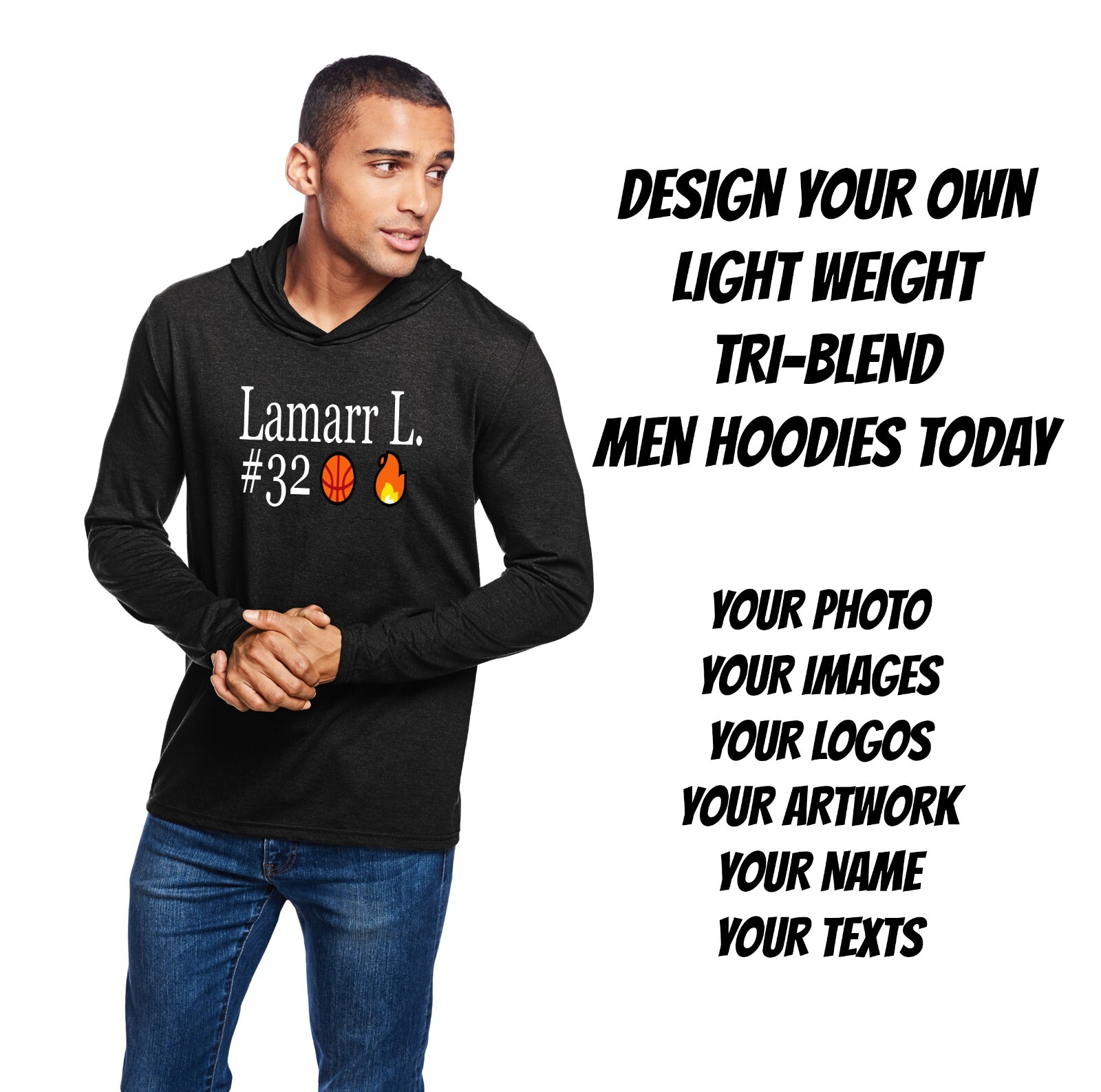 Ink Stitch Design Your Own Custom Printed Men Triblend Hoodie T-shirts