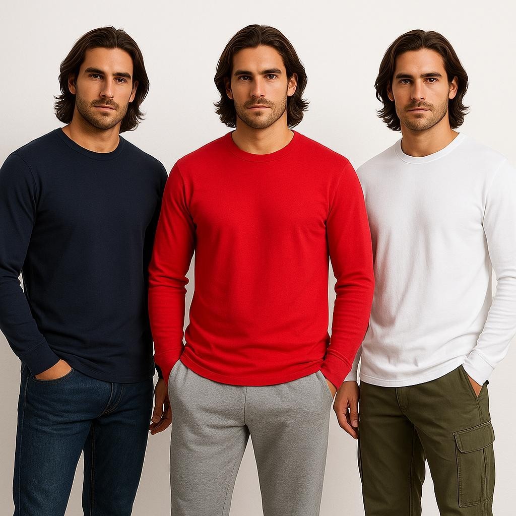 3 Pack: Men’s 100% Cotton Crew Neck Long Sleeve Tee Casual Basic T-Shirt S-4XL