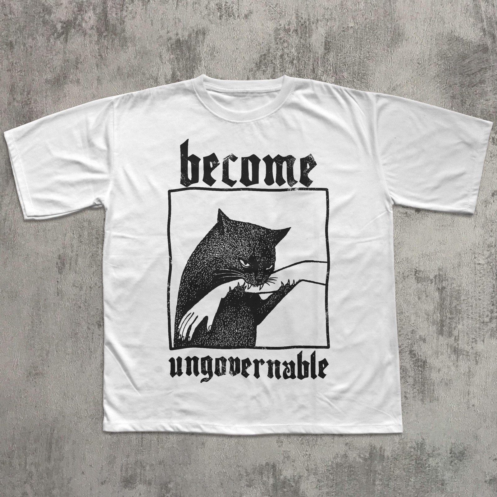 Become Ungovernable Cat Biting Hand Funny Graphic T-Shirt Unisex