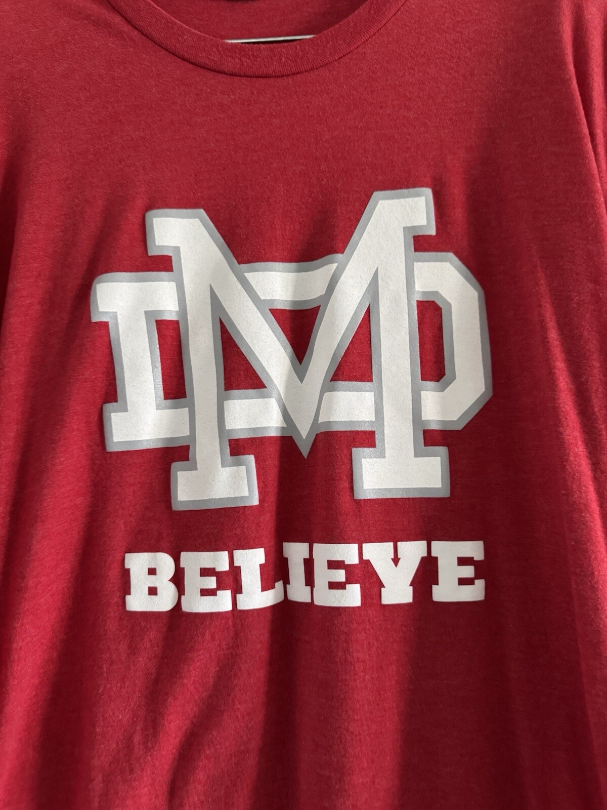 MATER DEI HIGH SCHOOL Men’s Red MD BELIEVE Long Sleeve T-Shirt (X-LARGE)