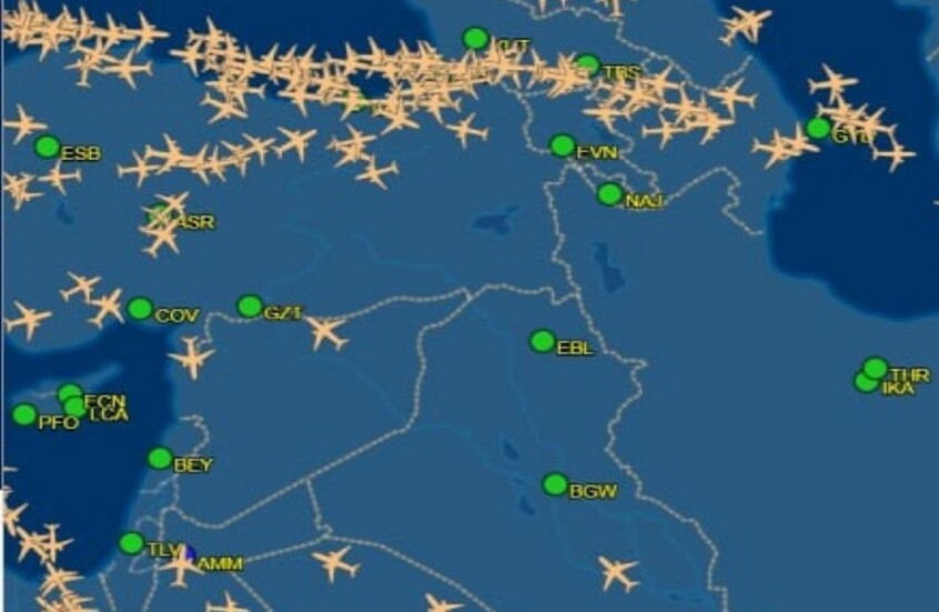 لقطة لحركة الطيران في أجواء الشرق الأوسط في ظل التوتر العسكري بين إسرائيل وإيران / flightaware.com