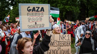 متظاهرون داعمون للقضية الفلسطينية يتظاهرون أمام مبنى الحكومة الهولندية في لاهاي، 7 أغسطس 2025. / Gettyimages.ru