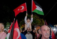 طفل يلوح بالعلمين الفلسطيني والتركي خلال مسيرة تضامنية مع فلسطين في إسطنبول / Globallookpress