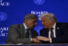 الرئيس الأمريكي دونالد ترامب يتحدث إلى رئيس الوزراء الباكستاني شهباز شريف (يسار) ضمن فعاليات منتدى دافوس في يناير الماضي / Gettyimages.ru