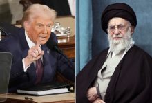 صورة مركبة تظهر الرئيس الأمريكي دونالد ترامب (يسارا) وهو يلقي كلمة أمام جلسة مشتركة للكونغرس في مبنى الكابيتول بواشنطن، في 4 مارس 2025، وصورة للمرشد الإيراني الراحل آية الله علي خامنئي وهو يحضر حفلًا في طهران، إيران، في 8 مارس 2025. / AP
